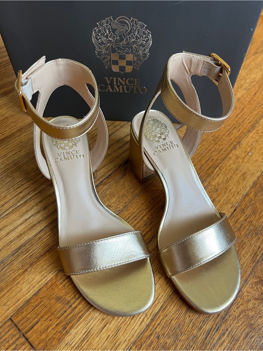Vince Camuto Gidgena in Egyptian Gold Metallic Block Heel Sandals